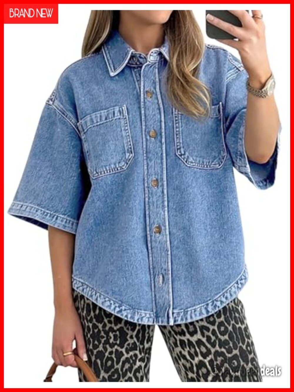 Women's Denim Button-Down Shirt Lightweight Oversized Long Sleeve